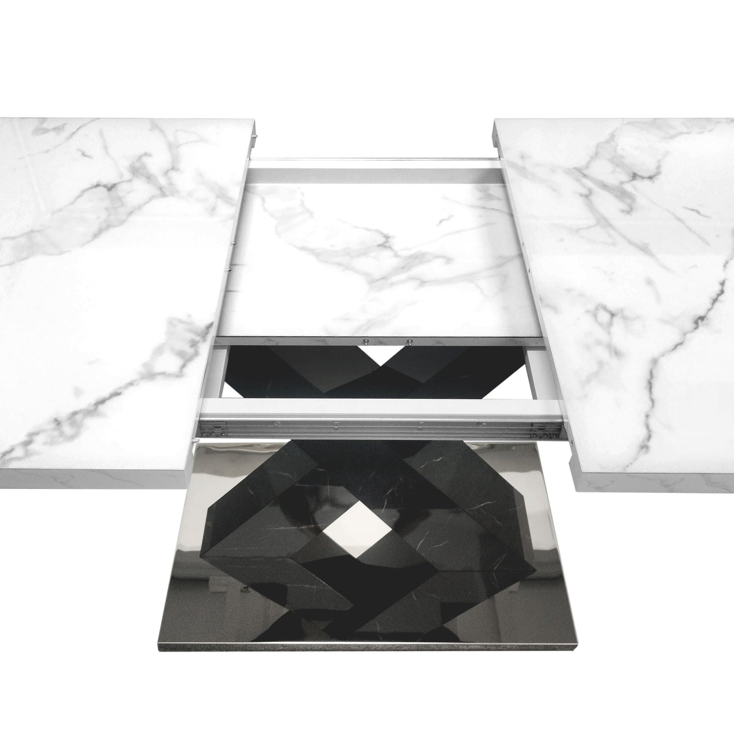 Rectangle Dining Table With Stretchable Top, X Shape Mdf Legs With Steel Base - White / Black