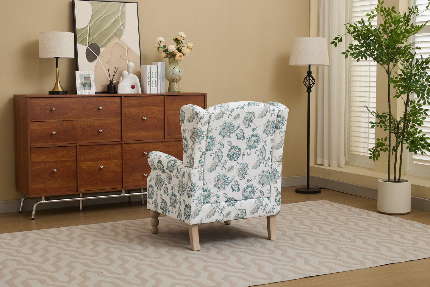 Modern Accent Chair with Retro Wood Legs and Floral Design