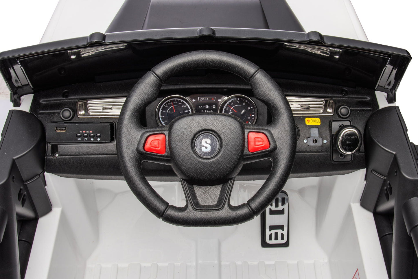 12V7A 30W*2 Four-Wheel Drive Seat One Button Start, Forward And Backward, High And Low Speed, Music, Front Light, Power Display, Two Doors Can Open, 2.4G R / C, Seat Belt Four Wheel Absorber