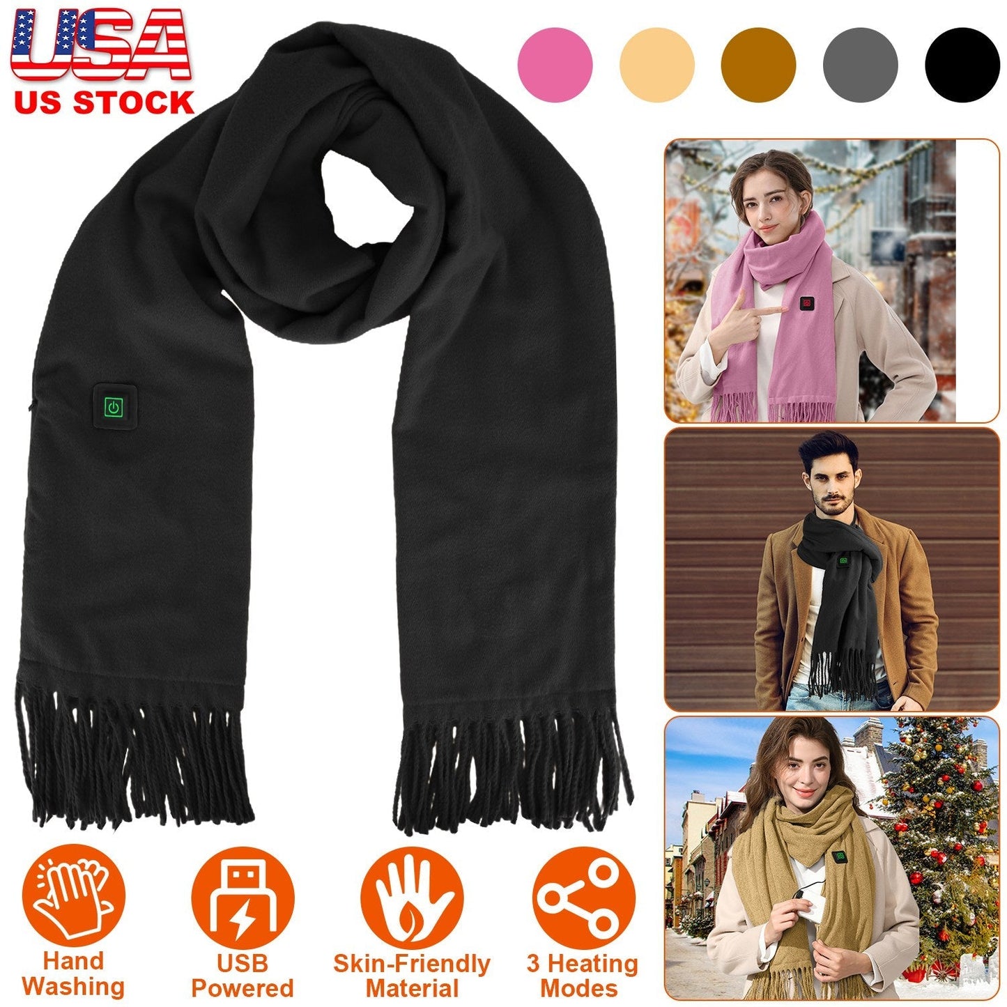 Electric Heated Winter Scarf USB Heating Neck Wrap Unisex Heated Neck Shawl Soft Warm Scarves 3 Heating Modes for Outdoor Cycling Skiing Skating