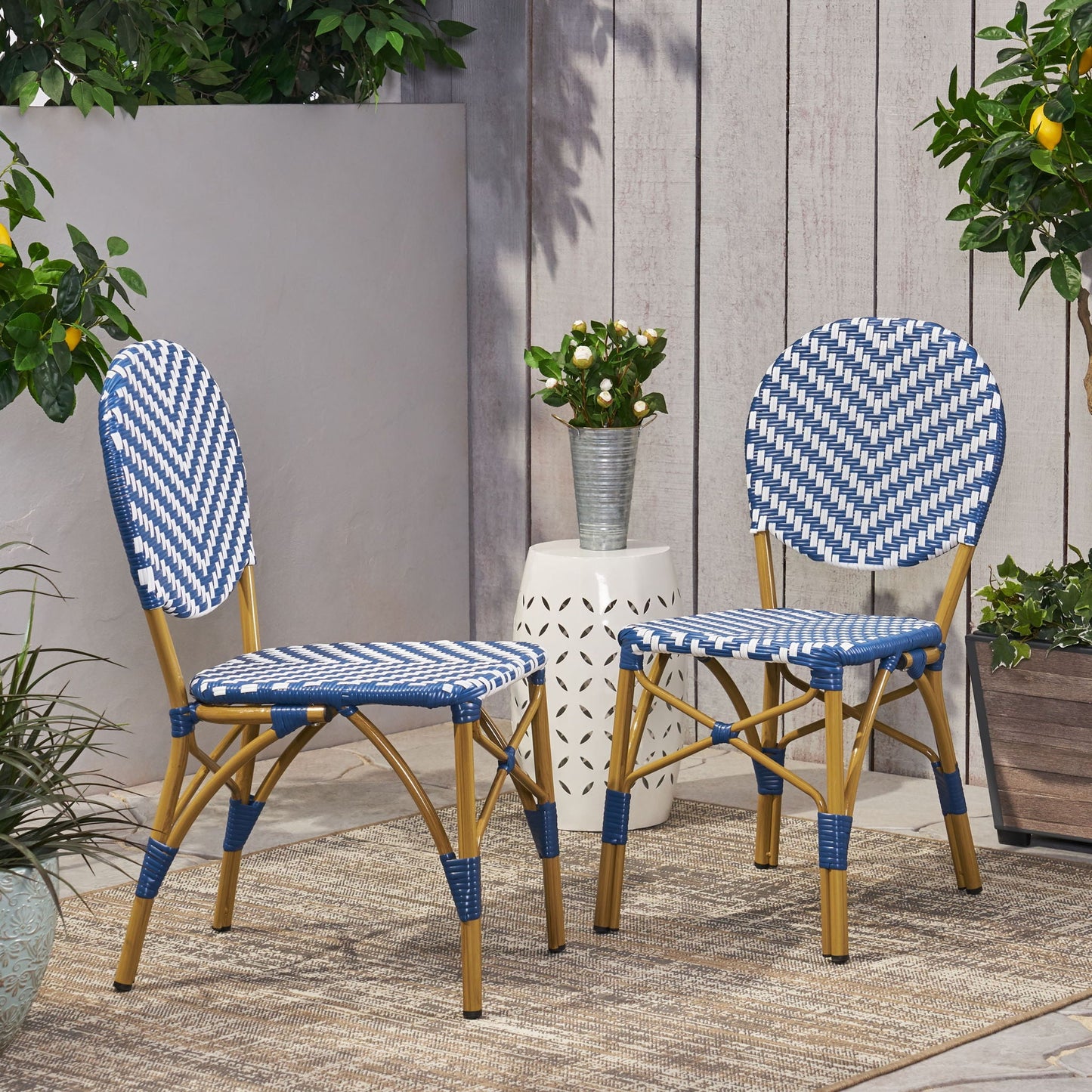 Outdoor Rattan and Aluminum French Armless Bistro Chairs Set - Navy Blue