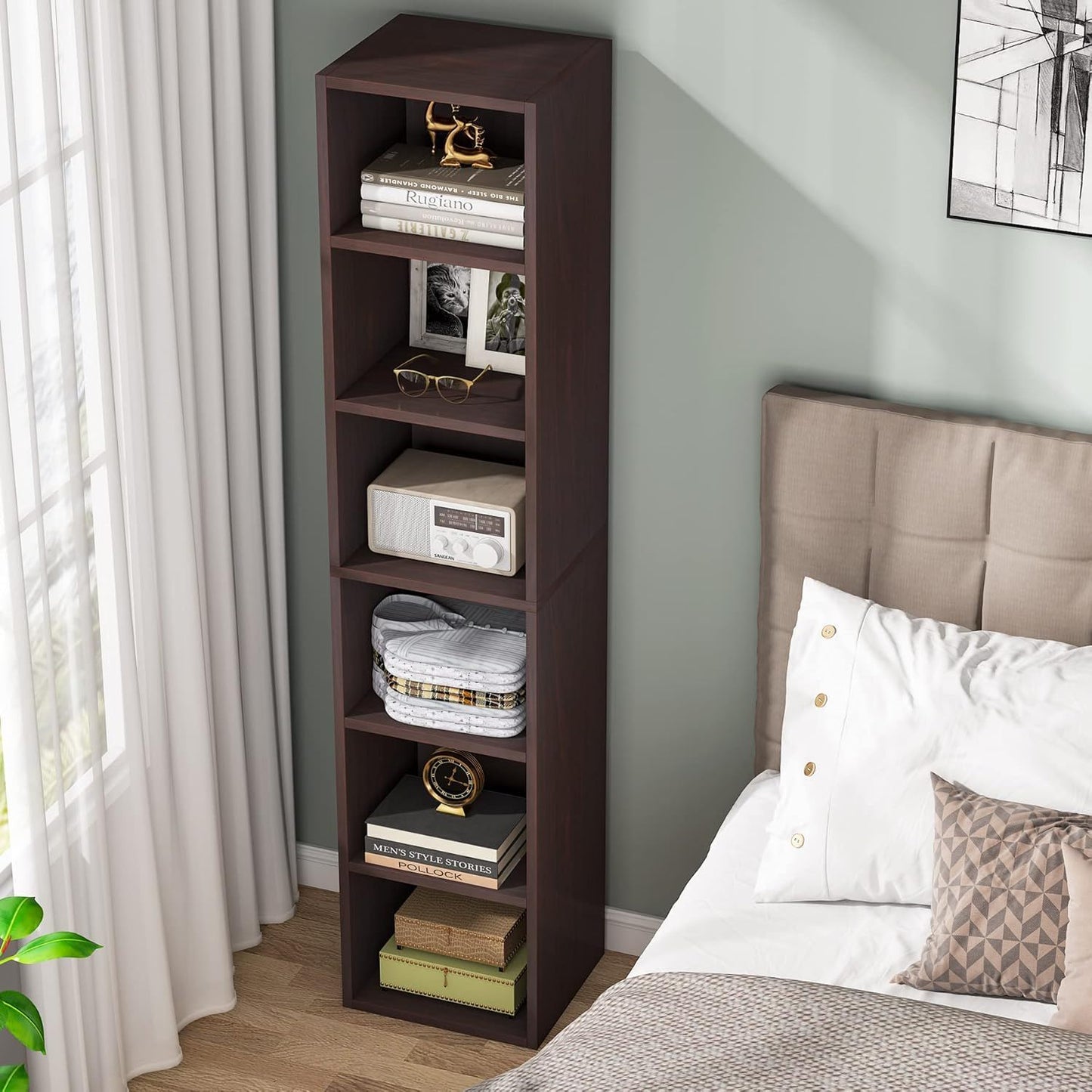 6 Tier Narrow Corner Cube Bookcase Storage, Freestanding Shelf With Open Cubes For Living Room