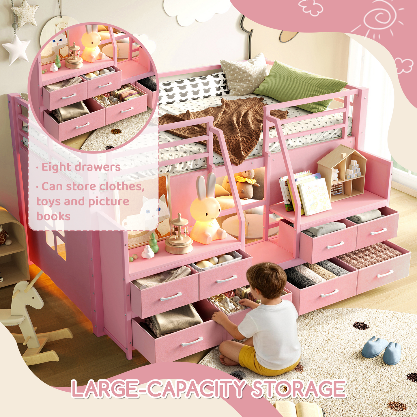 Twin Low Loft Bed with Multi-Storage Spaces