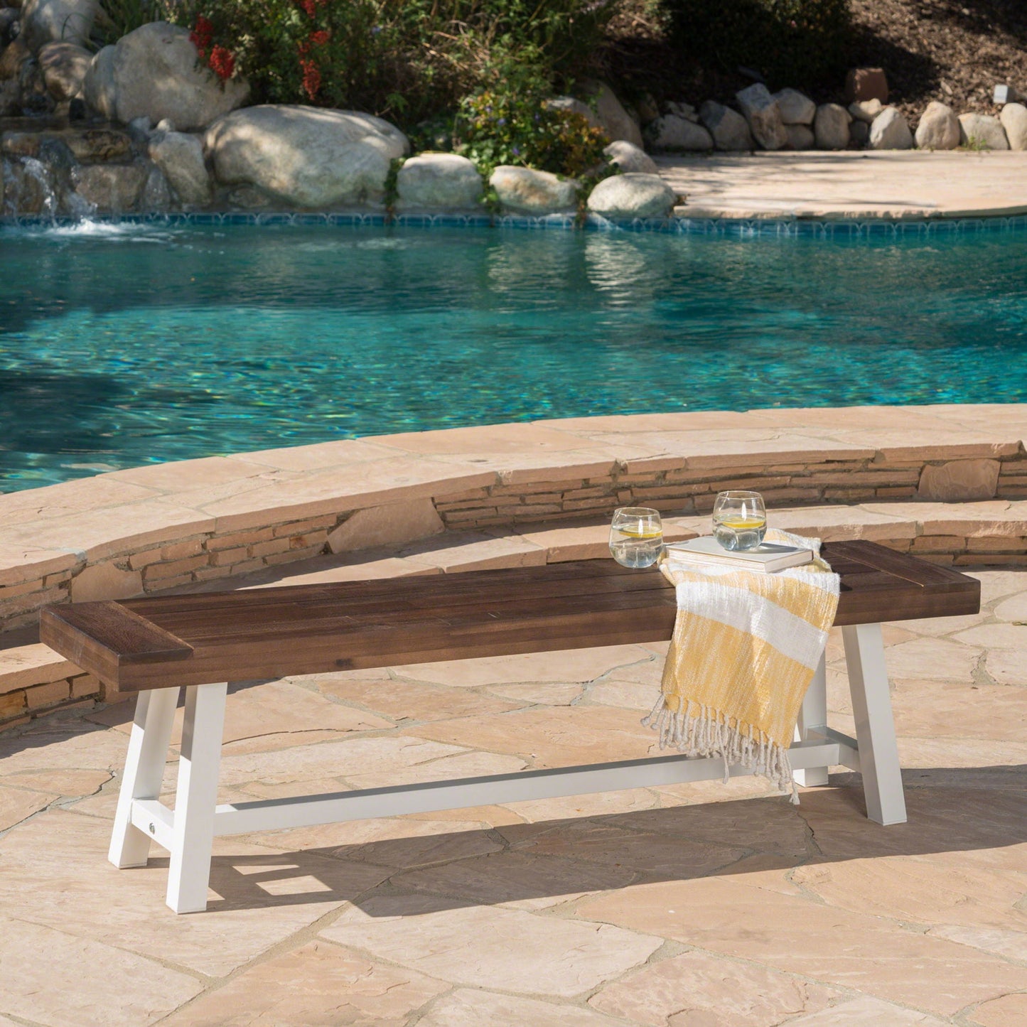 Tranquilizer Outdoor Acacia Wood Bench With Slat Panel Design