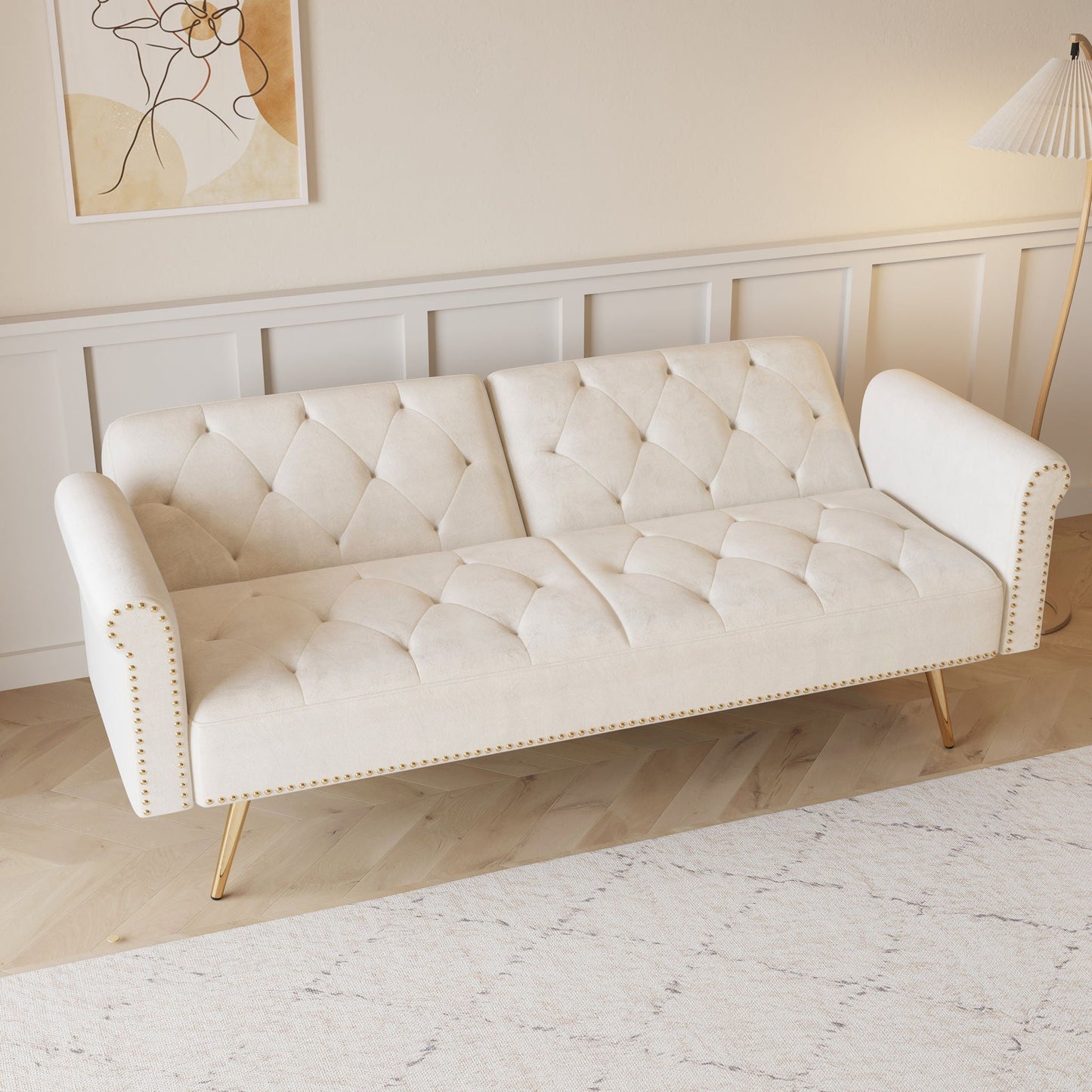 Luxurious Sofa Bed With Nail Head Trim And Matching Pillow