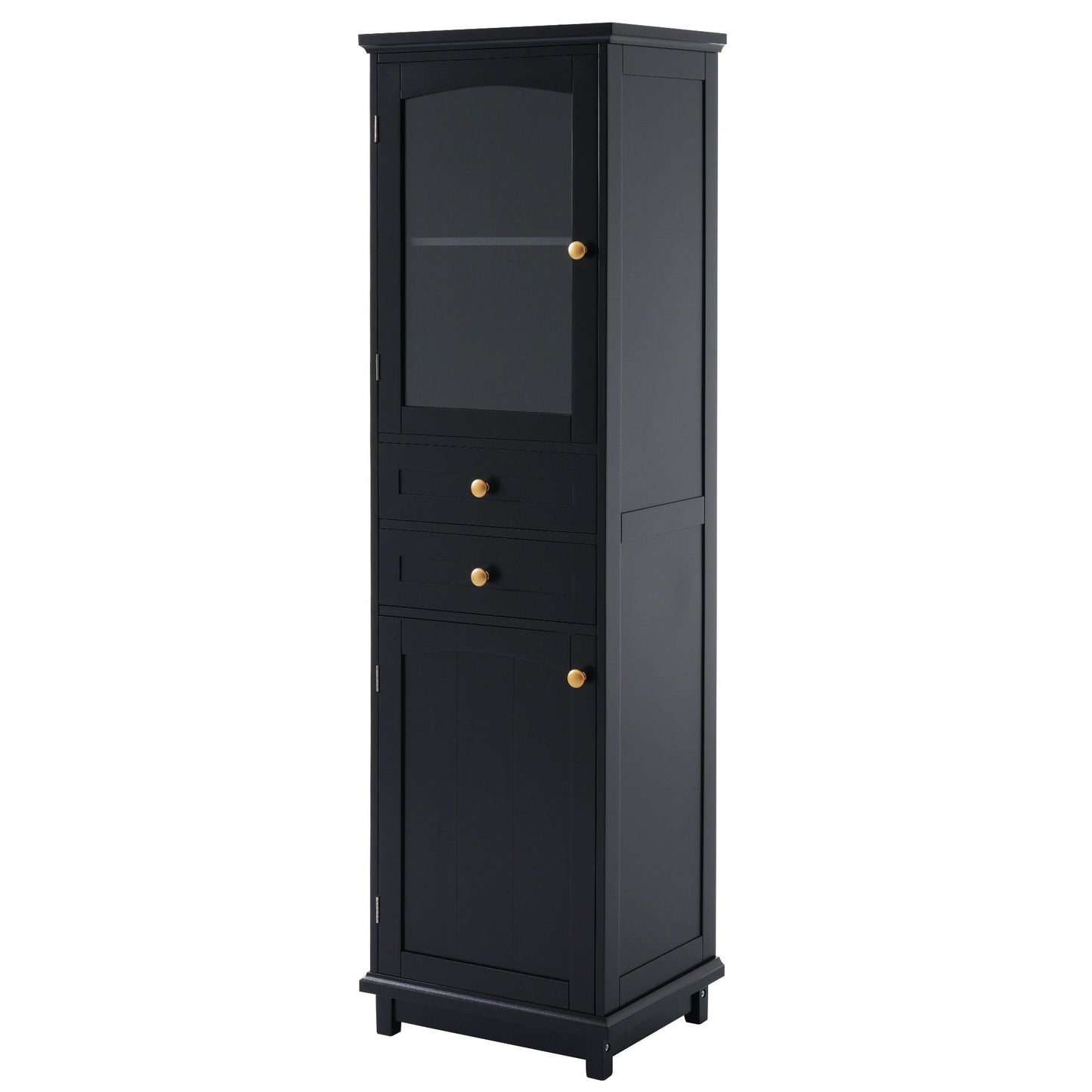 Tall Bathroom Storage Cabinet With Glass Doors, Free-Standing, Two Drawers, And Adjustable Shelves, Board, Painted Perfect For Displaying Your Favorite Items