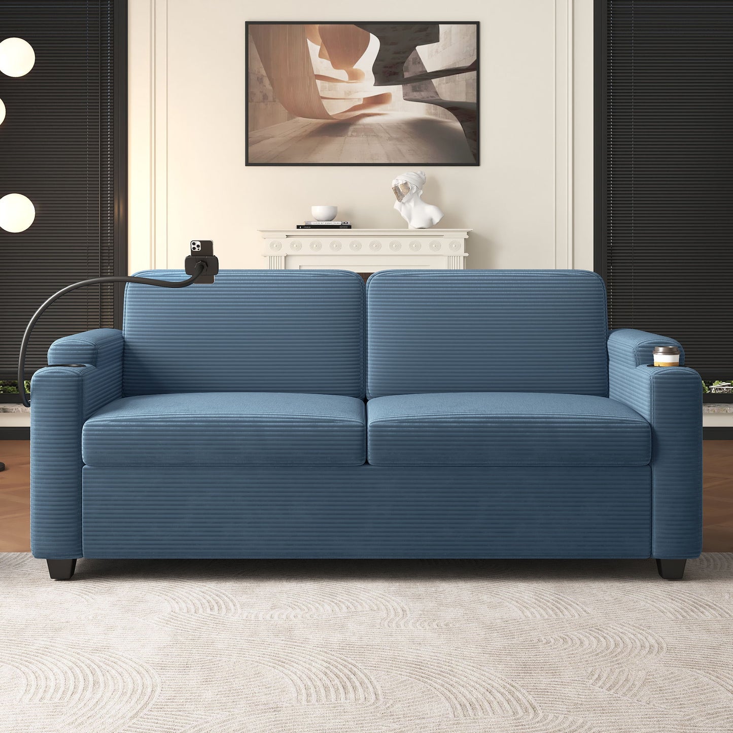 Sleeper Sofa Loveseat Sofa With Full Size Mattress, 2 USB Ports, 2 Cup Holders, 2 Side Pockets And Phone Holder