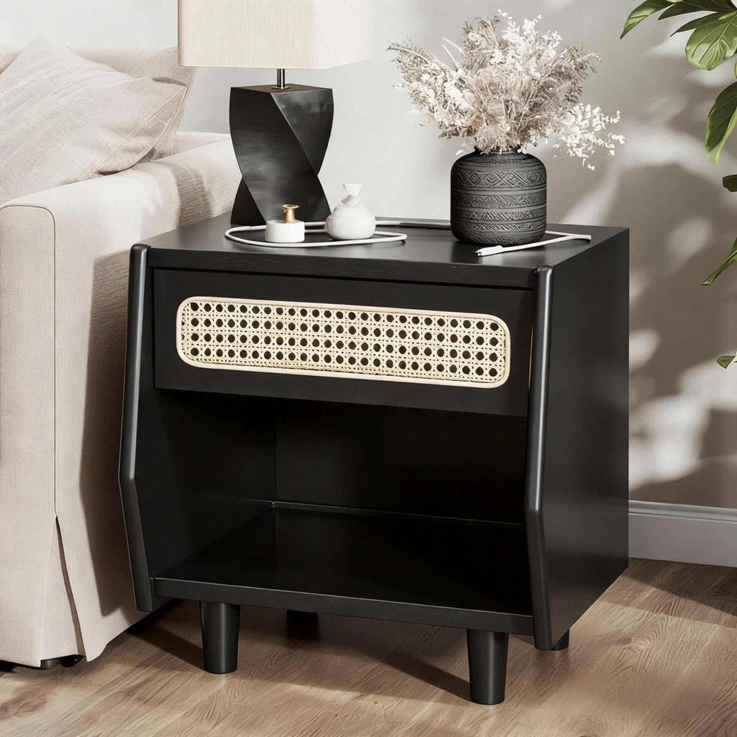 Black Nightstand with Rattan Detail