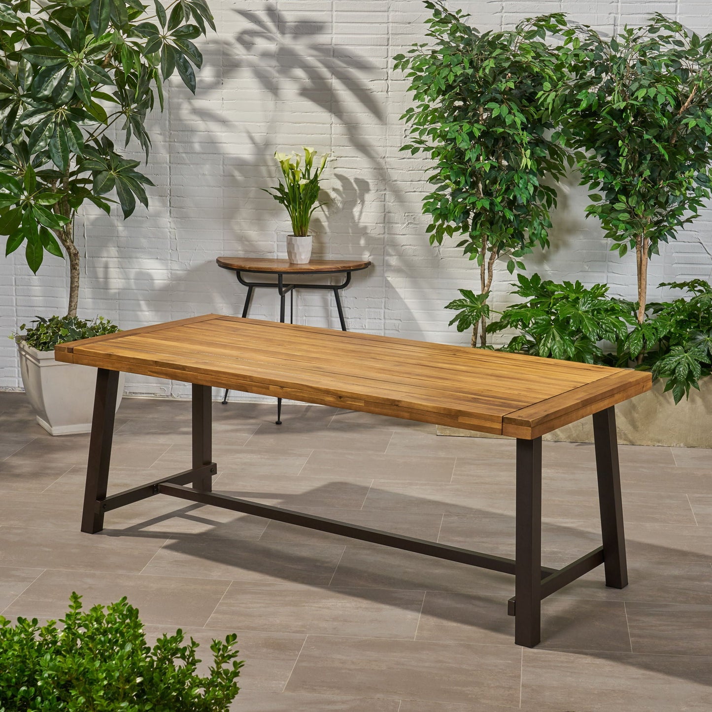 Equilibrium Outdoor Dining Table with Wooden Frame and Slat Top