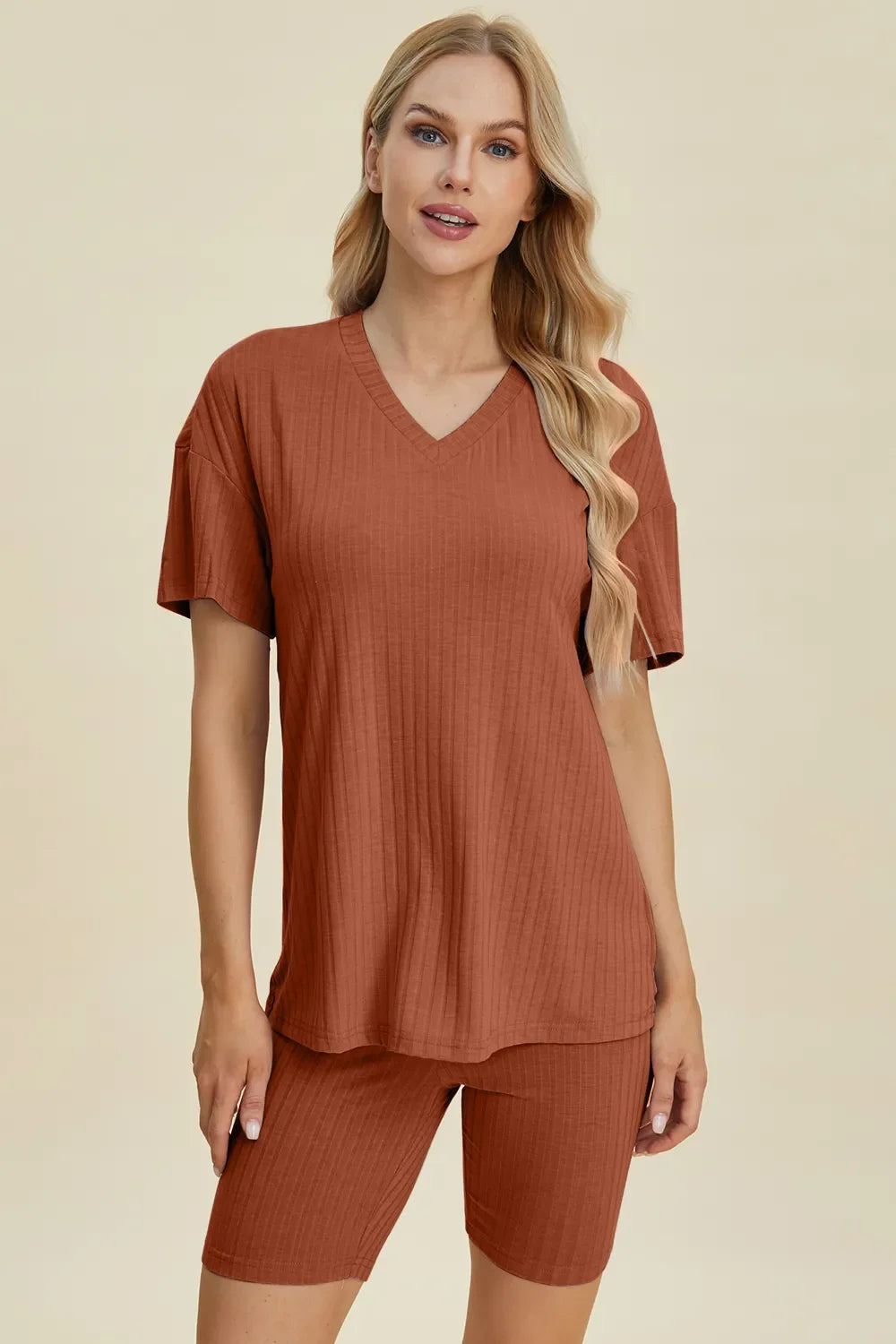 Plus Size Ribbed V-Neck Top & Shorts Set