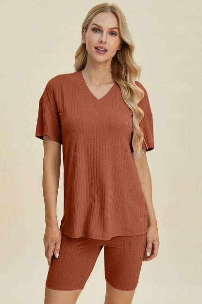 Plus Size Ribbed V-Neck Top & Shorts Set