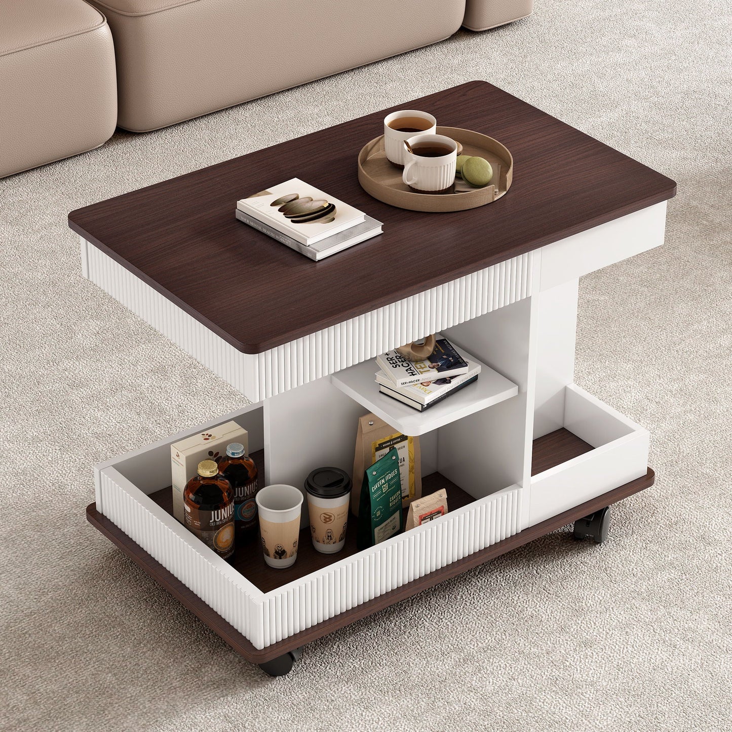Adjustable End Table With Wheels, 360°Rotating Top And Storage Space
