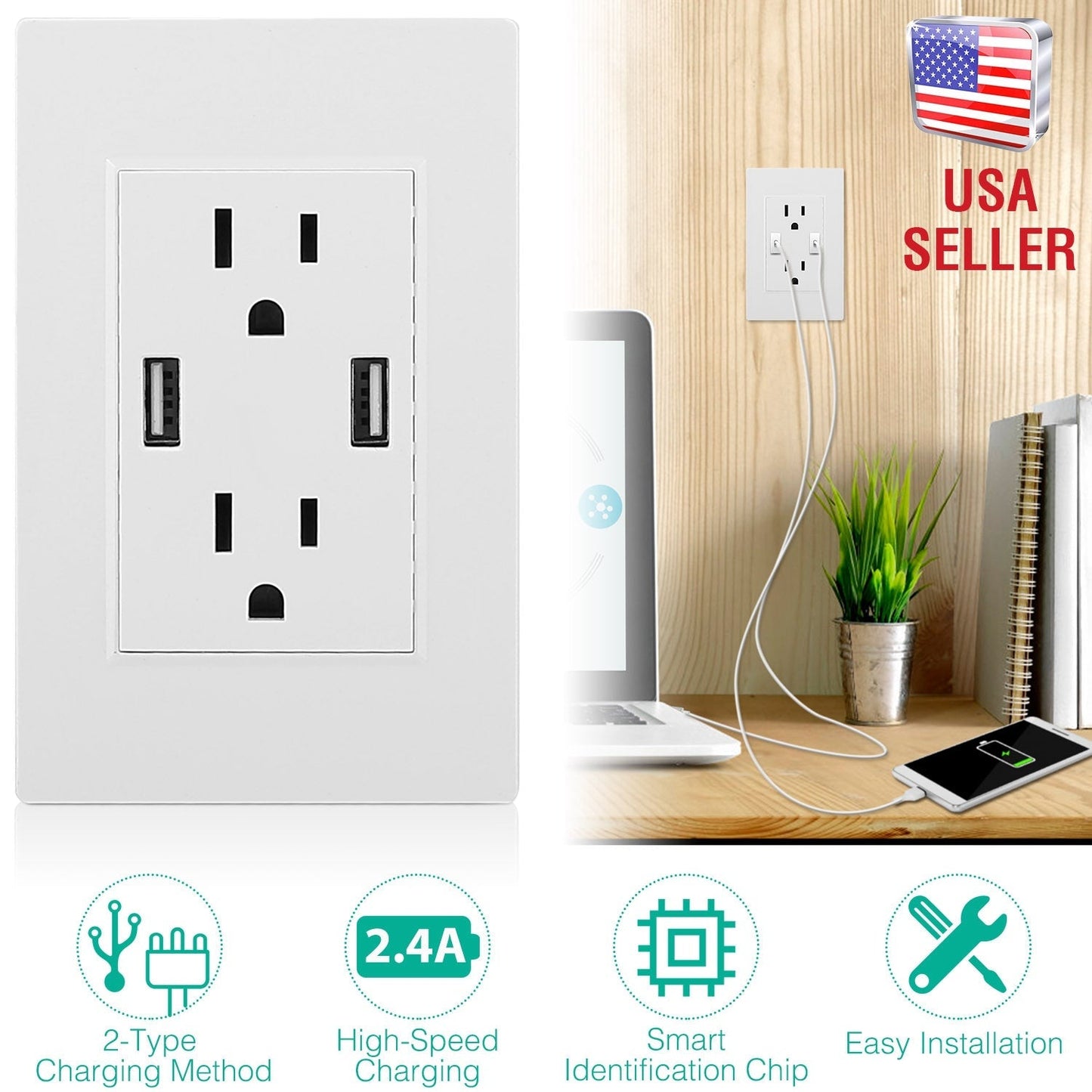 USB Wall Outlet Dual 2.4A USB Wall Charger High Speed Duplex Wall Socket US Standard