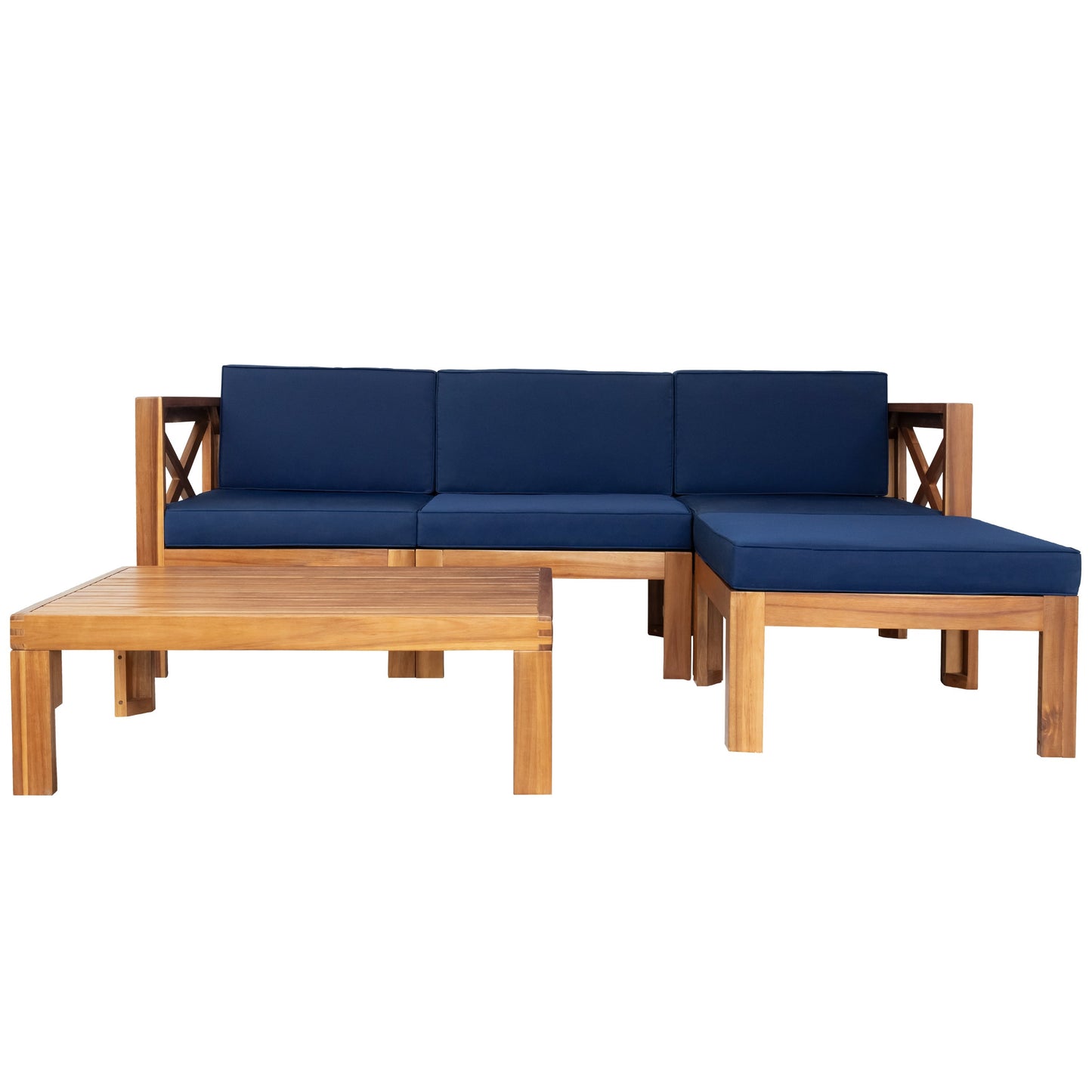 TOPMAX Outdoor 5-Piece Wood Sectional Patio Sofa Set with Blue Cushions