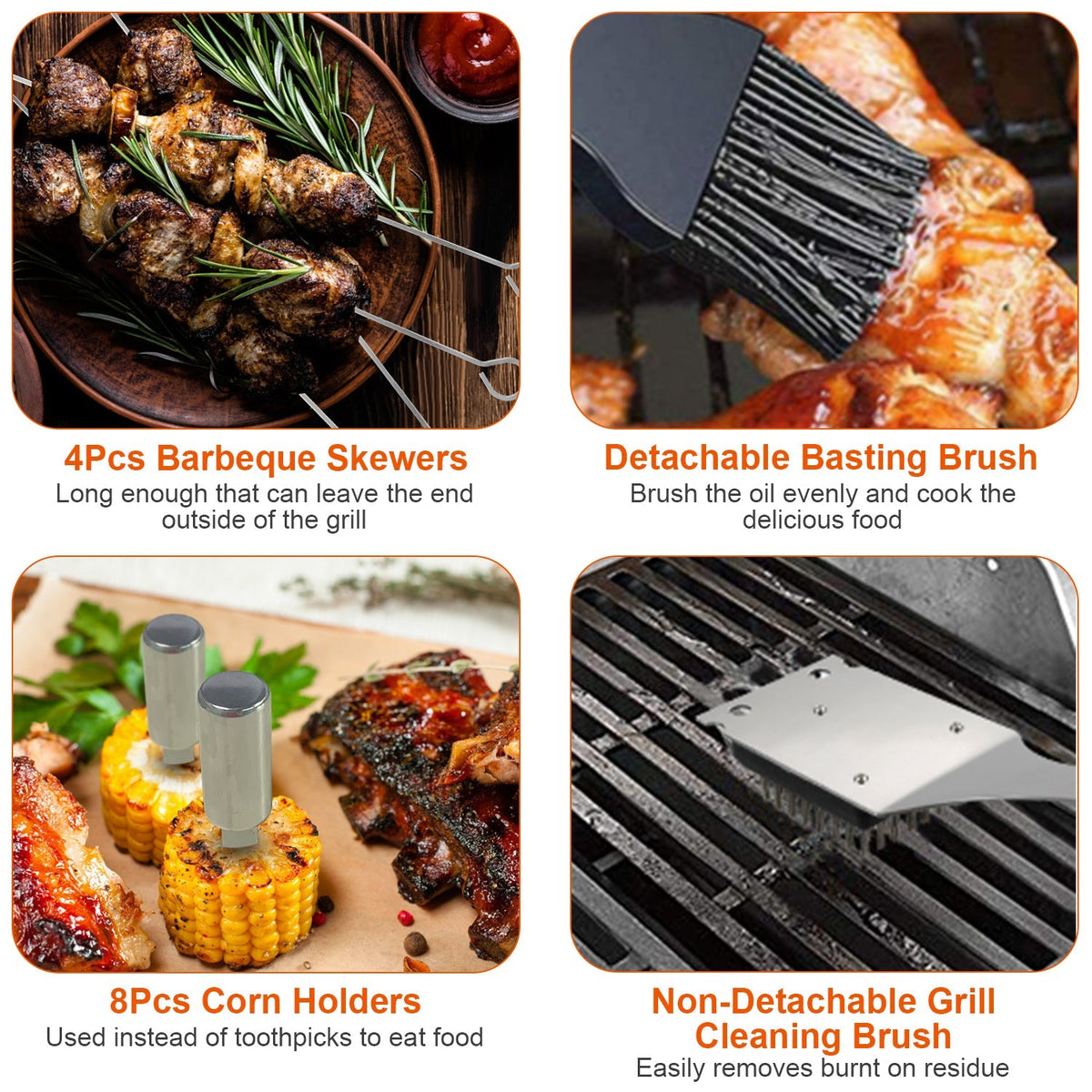 Stainless Steel BBQ Grill Tool Kit Grilling Utensil Accessories w/ Spatula Tongs Fork Knife_x000B__x000B_Brush Pepper Salt Shaker Bottle Grilled Skewers Corn Need
