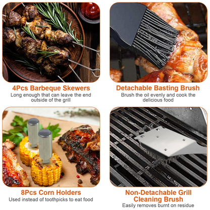 Stainless Steel BBQ Grill Tool Kit Grilling Utensil Accessories w/ Spatula Tongs Fork Knife_x000B__x000B_Brush Pepper Salt Shaker Bottle Grilled Skewers Corn Need