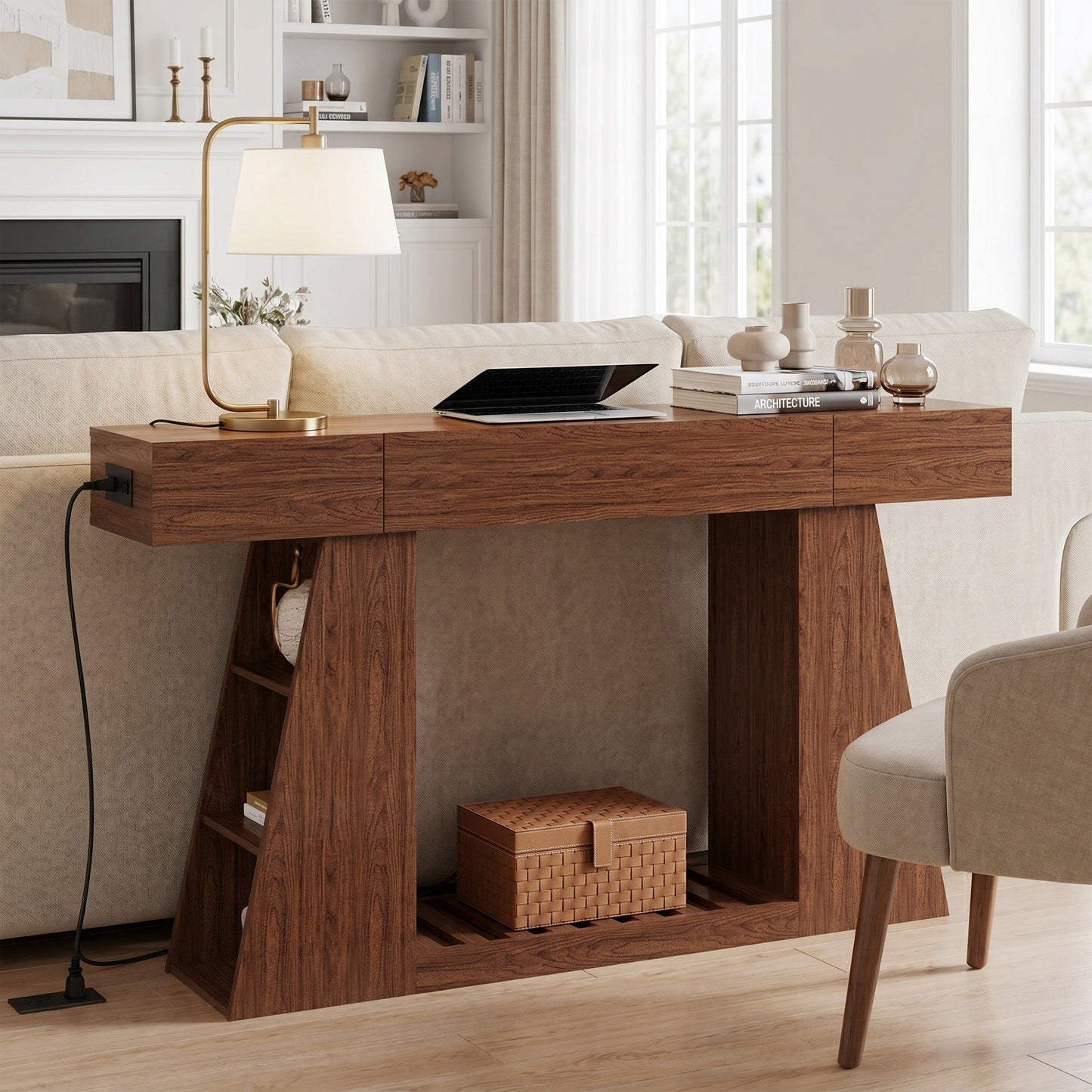 60 Inch Narrow Console Table with Built-in Power Outlet