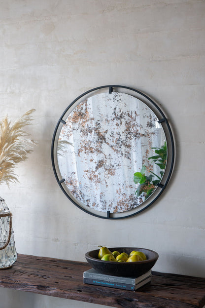 Theodor - Mirror With Industrial Design Round Mirror With Metal Frame For Wall Decor & Entryway Console Lean Against Wall - Black