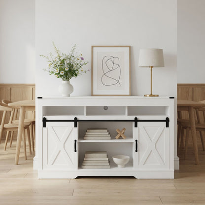 Farmhouse TV Stand With Sliding Barn Doors & Adjustable Storage