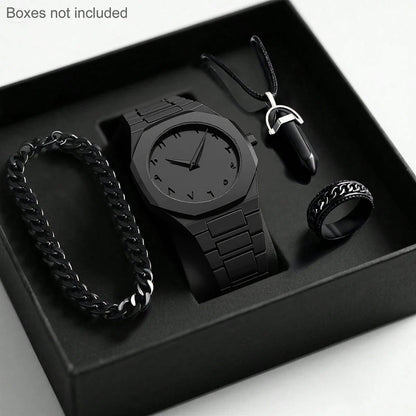Mens Quartz Watch Necklace Bracelet Set