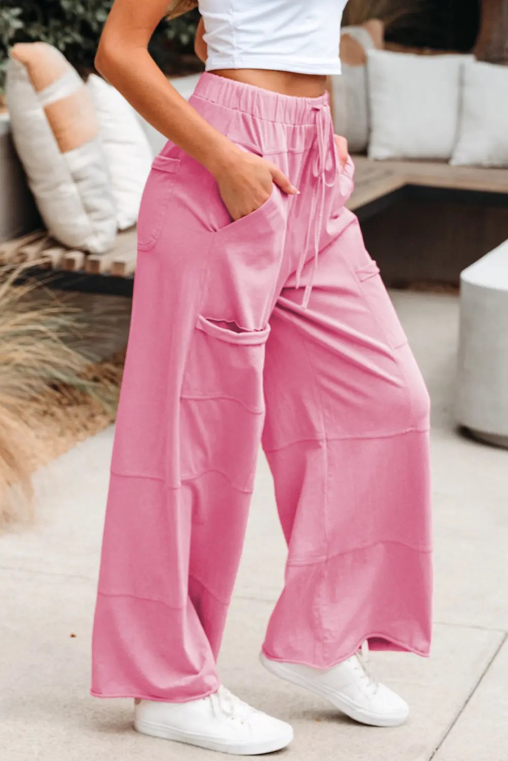 Love Salve Mineral Wash Pink Cargo Pants Women's Casual Wide Leg + Drawstring