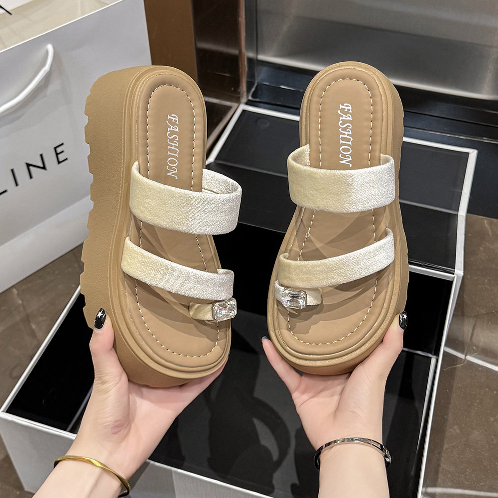 2026 Summer French Rhinestone Platform Slide Sandals, Toe Post Chunky Sole Fairy Style Casual Versatile Beach Slippers