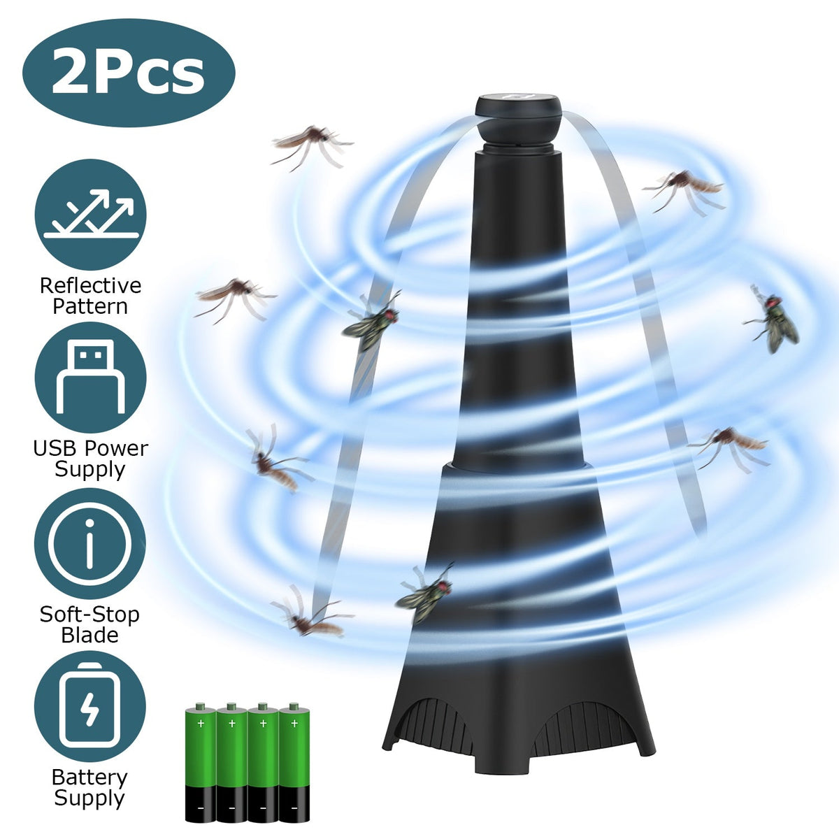 2 Pack Portable Reflective Fly Repellent Fan Rechargeable Battery Powered Table Food Fly Trap with Pattern Soft-Stop Blade Hanging Hook Indoor Outdoor