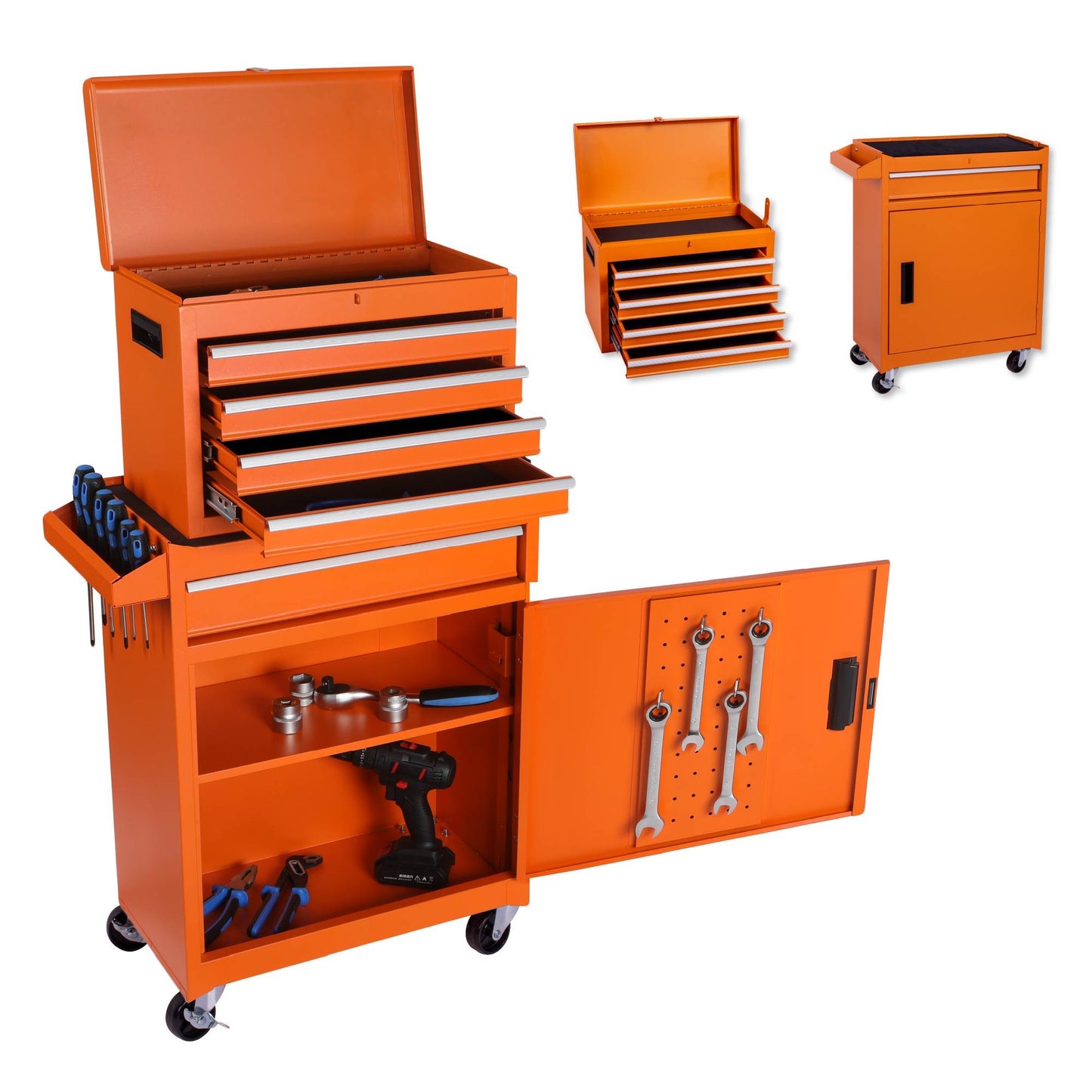 Tool Chest, 5 Drawer Rolling Tool Storage Cabinet With Detachable Top Tool Box, Liner, Universal Lockable Wheels, Adjustable Shelf, Locking Mechanism, Metal Tool Cart For Garage Workshop