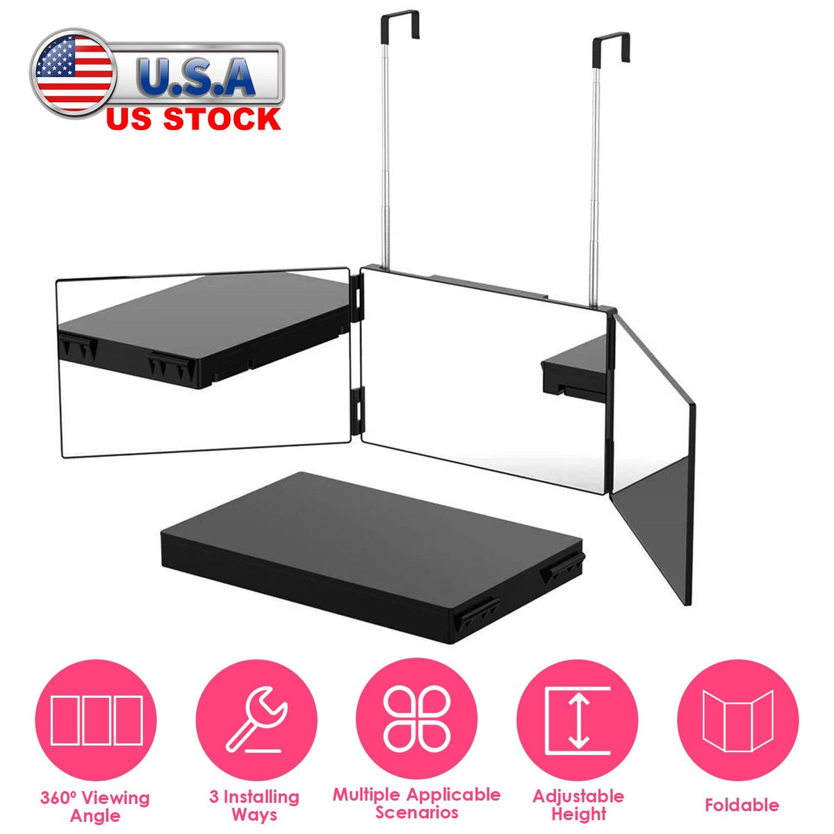 3 Way Mirror with Telescopic Hanger Tri-fold Mirror Personal Makeup Mirror for Self Shaving Hair Cutting Dyeing Curling Braiding