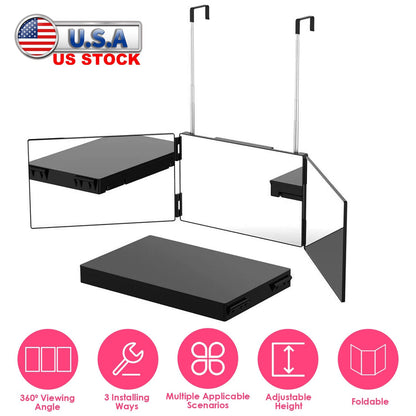 3 Way Mirror with Telescopic Hanger Tri-fold Mirror Personal Makeup Mirror for Self Shaving Hair Cutting Dyeing Curling Braiding