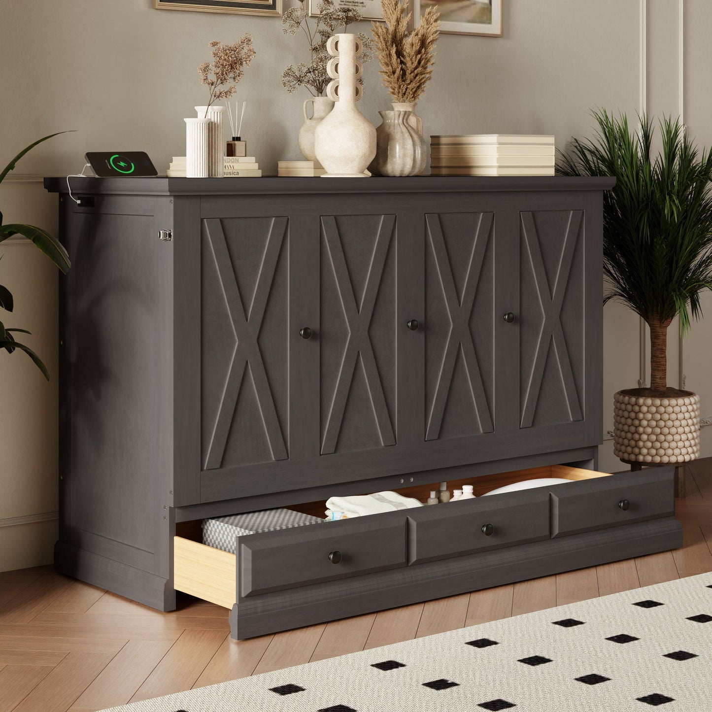 Murphy Bed Chest Cube Cabinet With Charging Station And Large Storage Drawer