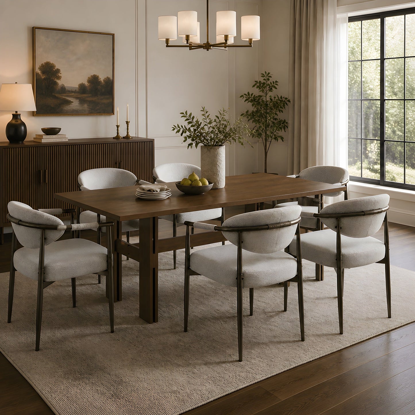 7 Pieces Modern Oval Dining Set, Rustic Farmhouse Solid Wood Kitchen Table Set for 6