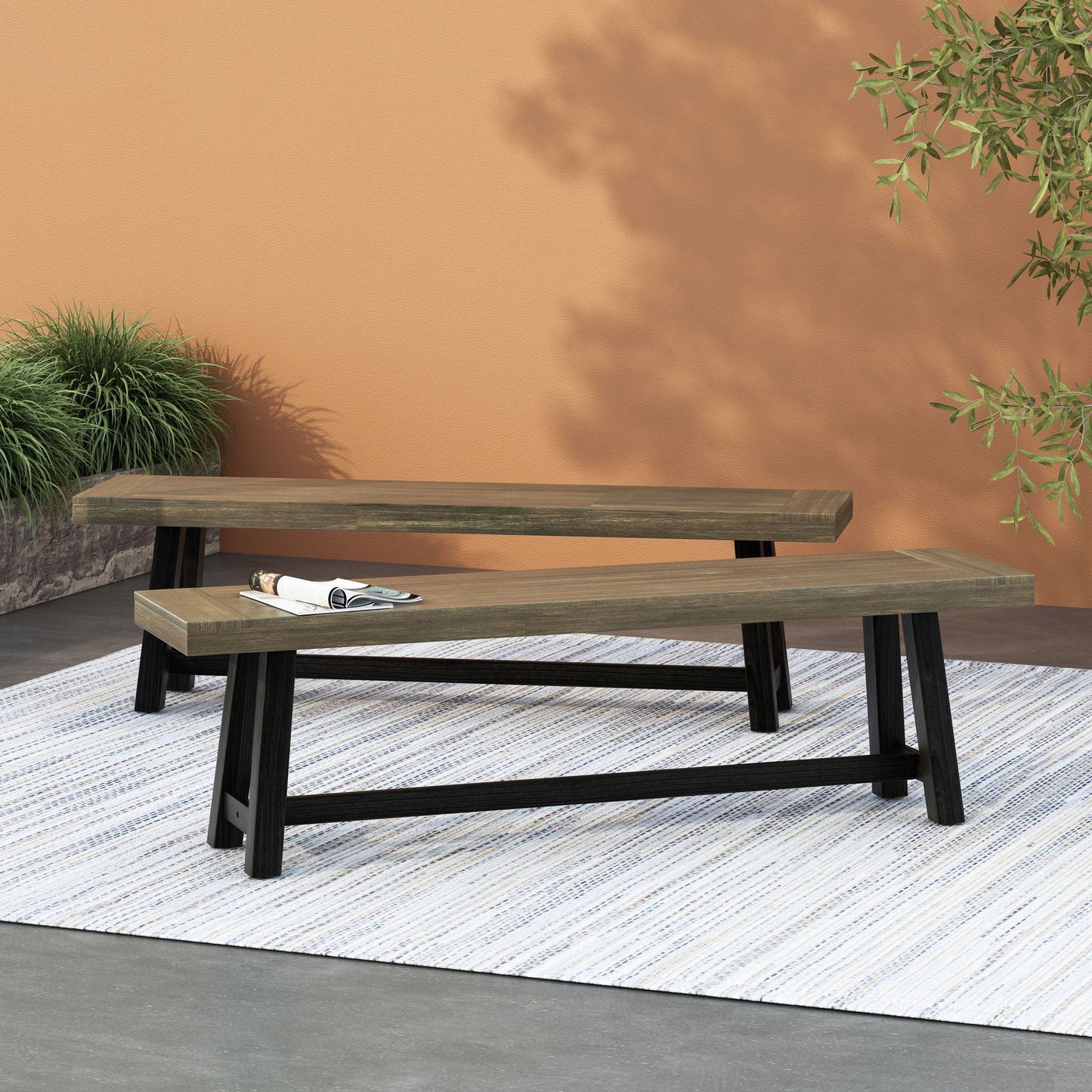 Cloud Outdoor Bench With Acacia Wood Frame And Slat Panel Design