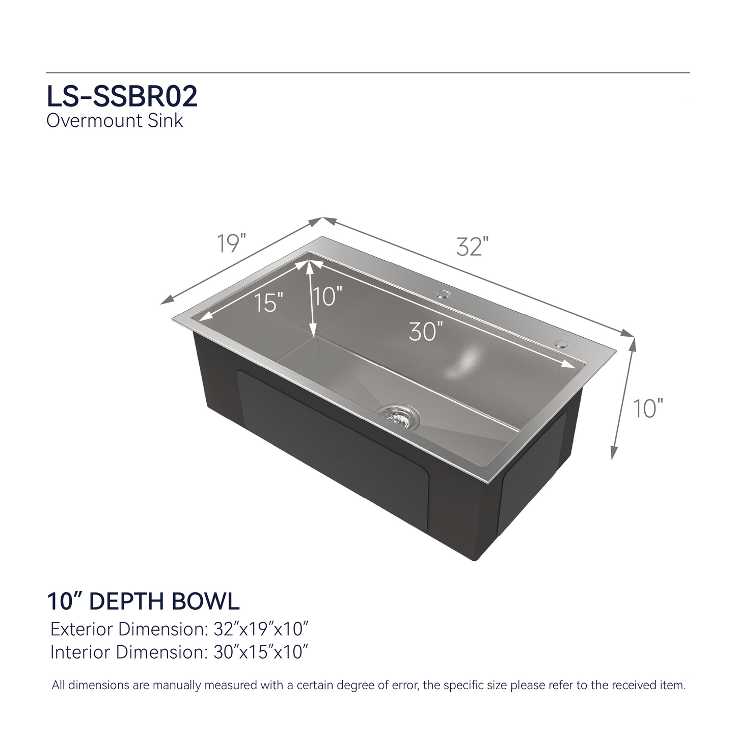 Stainless Steel Kitchen Sink, 32"x19" Single Bowl, Overmount Handmade Brushed Nickel