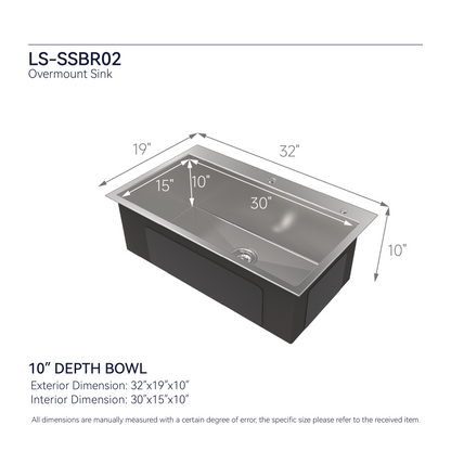 Stainless Steel Kitchen Sink, 32"x19" Single Bowl, Overmount Handmade Brushed Nickel