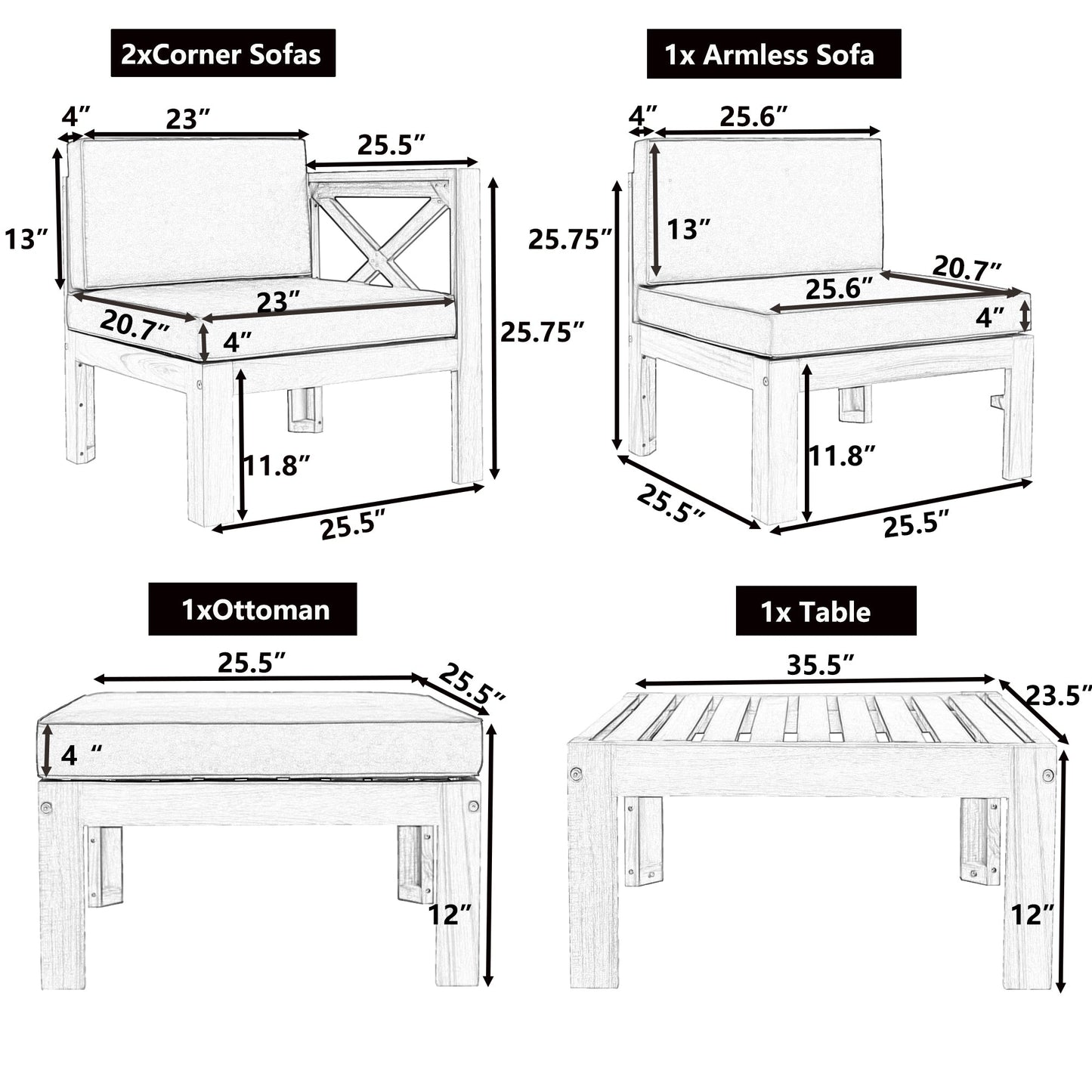 TOPMAX Outdoor 5-Piece Wood Sectional Patio Sofa Set with Blue Cushions