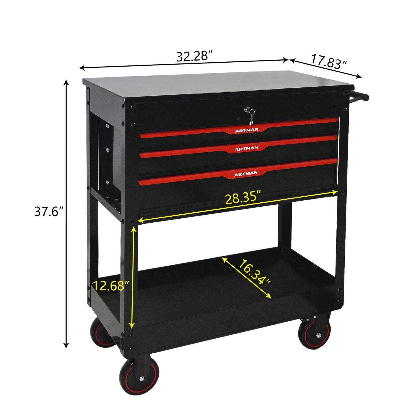 3 Drawers Multifunctional Tool Cart with Wheels and Steel Top - Black & Red
