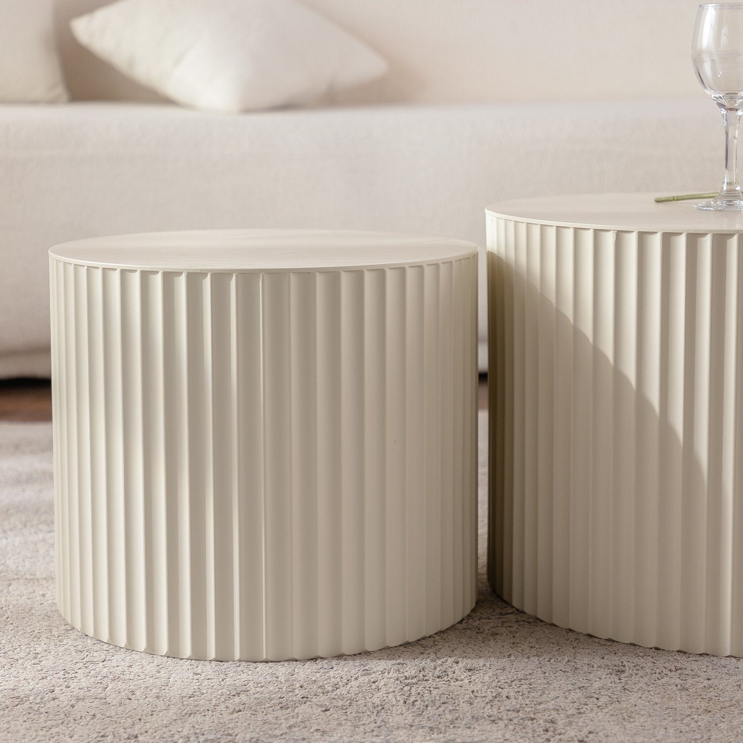 Beige Nesting Coffee Table Set of 2 Modern Drum Side Tables