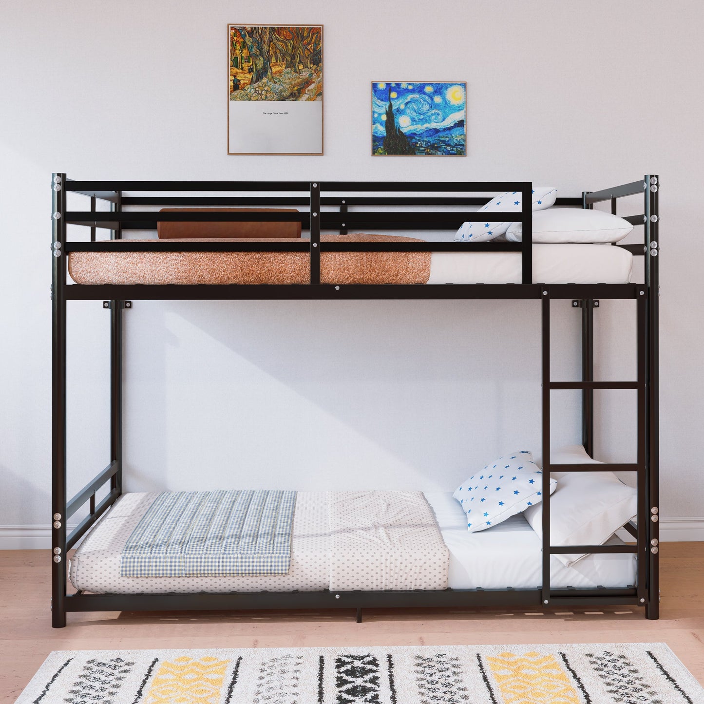 Bunk Bed with Ladder and High Guardrail Metal Bunk Bed, Storage Space, Noise Free, Twin Over Twin Size