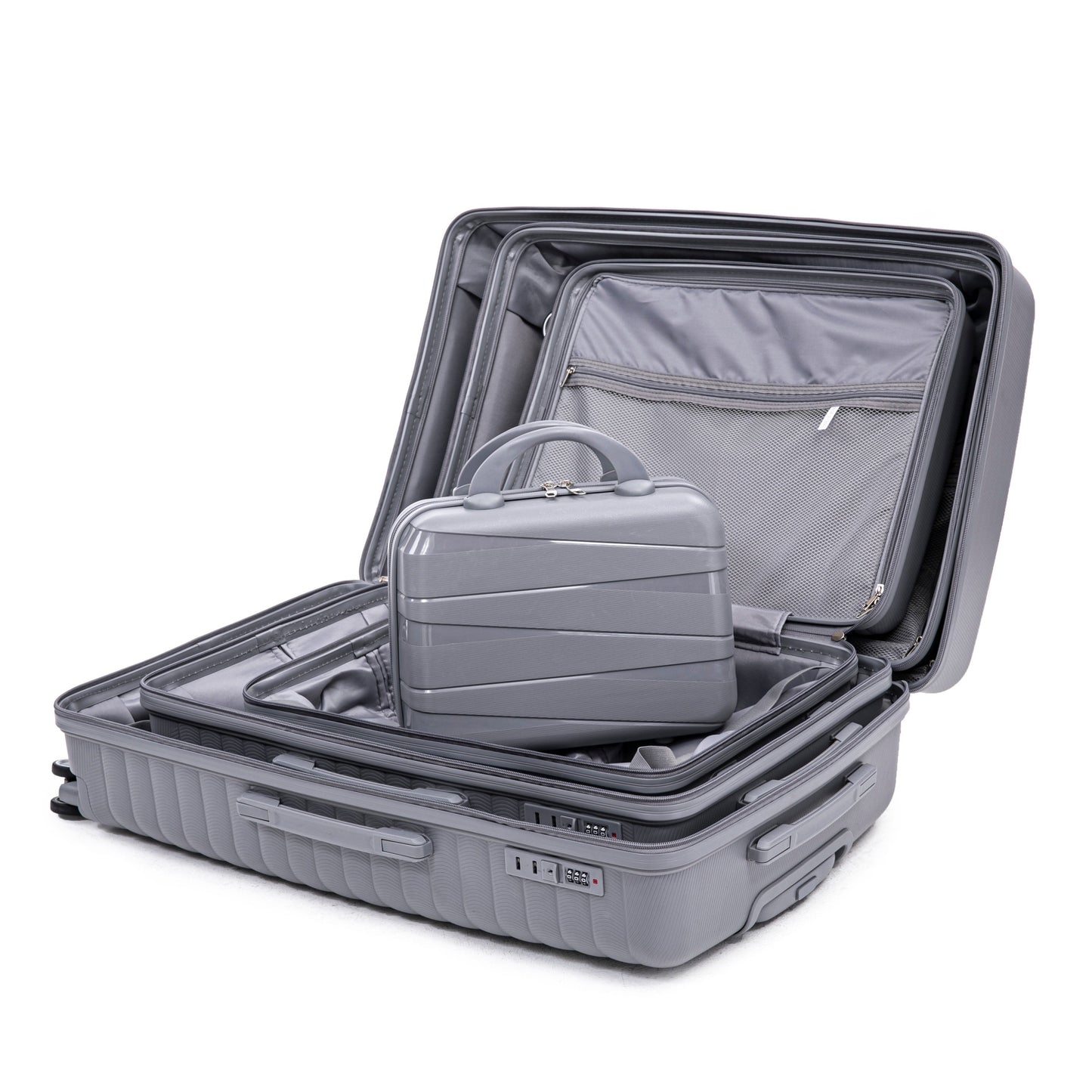 4-Piece PP Spinner Wheel Luggage Set with Cosmetic Case, Light Gray