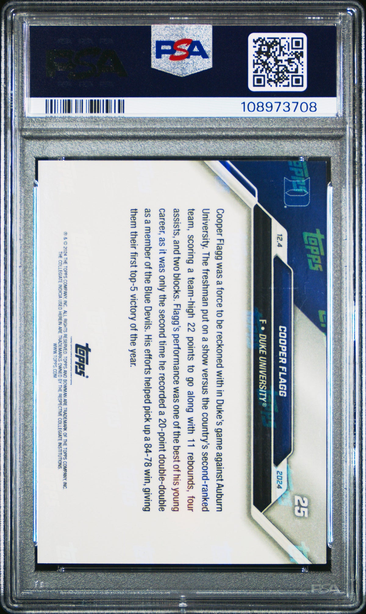 Graded 2024 Topps Bowman U Now Cooper Flagg #25 Blue /49 Rookie RC Basketball Card PSA 9 Mint