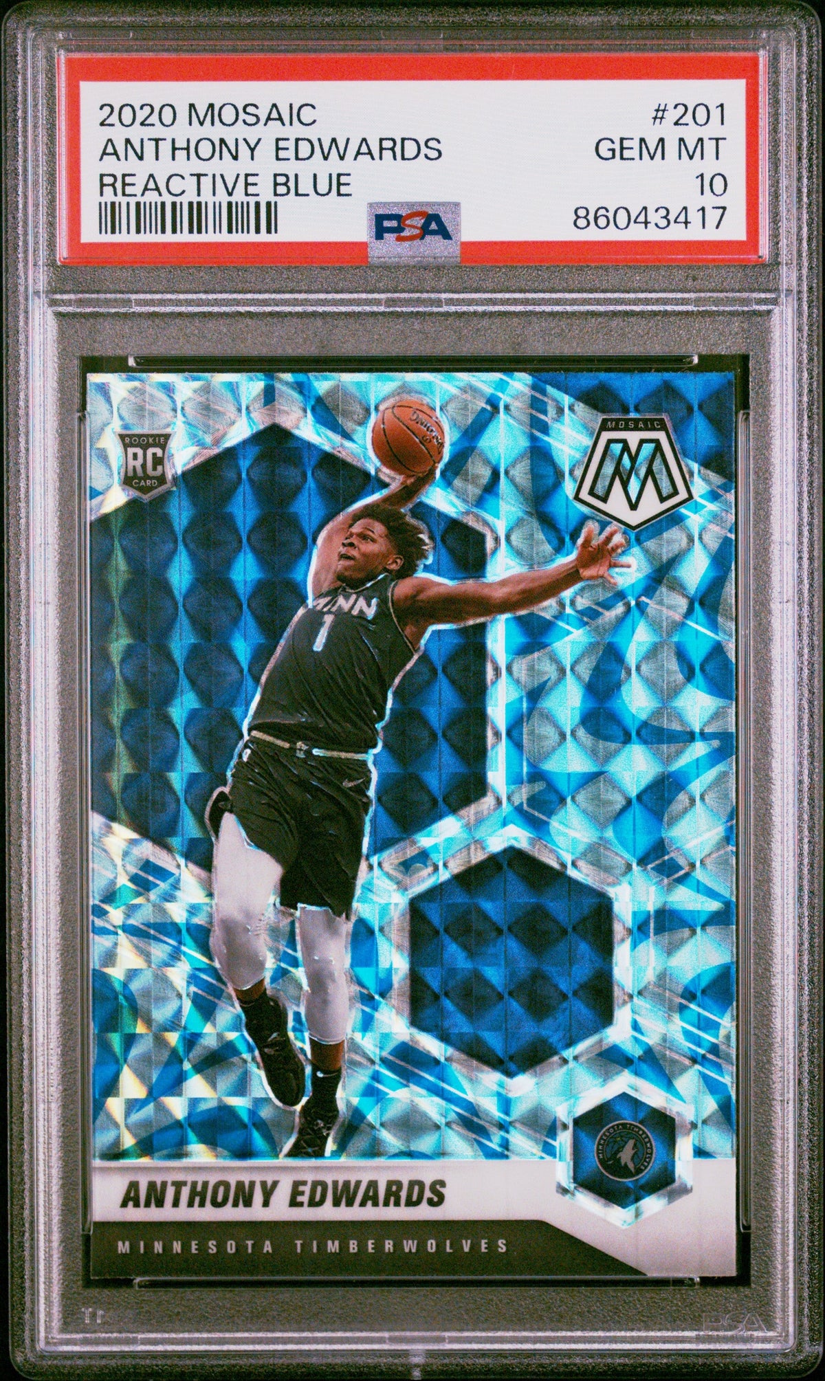 Graded 2020-21 Panini Mosaic Anthony Edwards #201 Reactive Blue Rookie RC Basketball Card PSA 10 Gem Mint