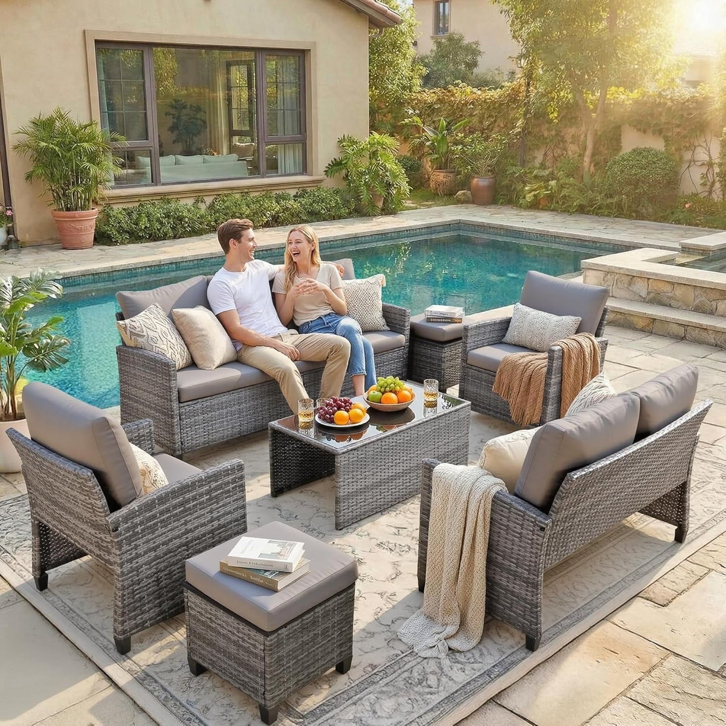 Ainfox 7-Piece Outdoor Wicker Patio Furniture Set,Sectional Conversation Set with 3-Seat Sofa, Loveseat, Coffee Table, Chairs & Ottomans, Gray, Space-Saving Design for Backyard, Porch, Poolside