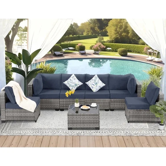 Ainfox 7-Piece Outdoor Wicker Patio Furniture Set,Sectional Conversation Set with 3-Seat Sofa, Loveseat, Coffee Table, Chairs & Ottomans, Gray, Space-Saving Design for Backyard, Porch, Poolside