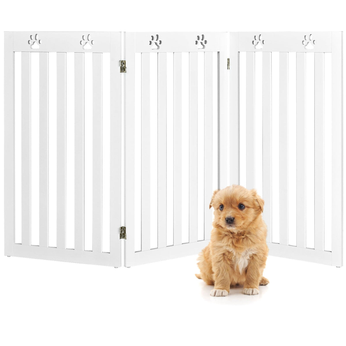 36 Inch Folding Wooden Freestanding Pet Gate Dog Gate with 360° Flexible Hinge-White