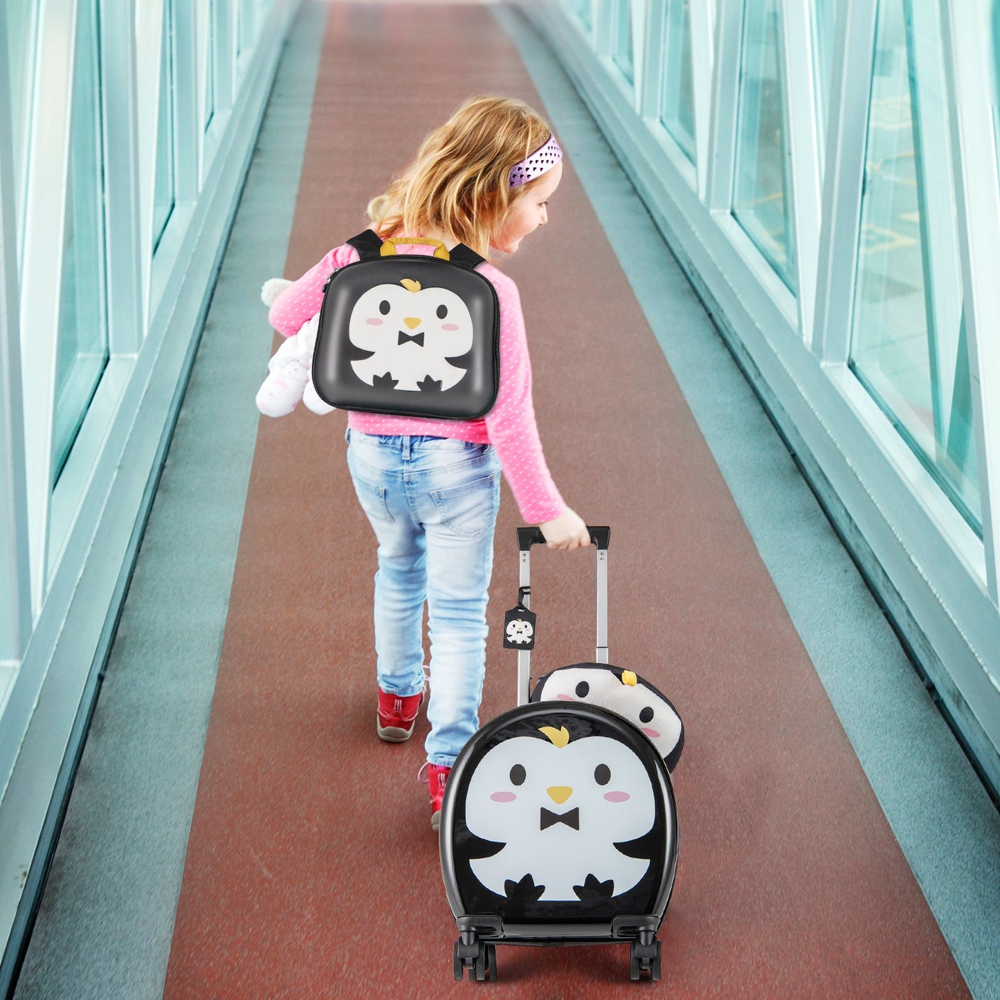 Kids Luggage Set with 14 Inches Carry-on Hardside Spinner Toddler Luggage and 10 Inches Backpack-Black