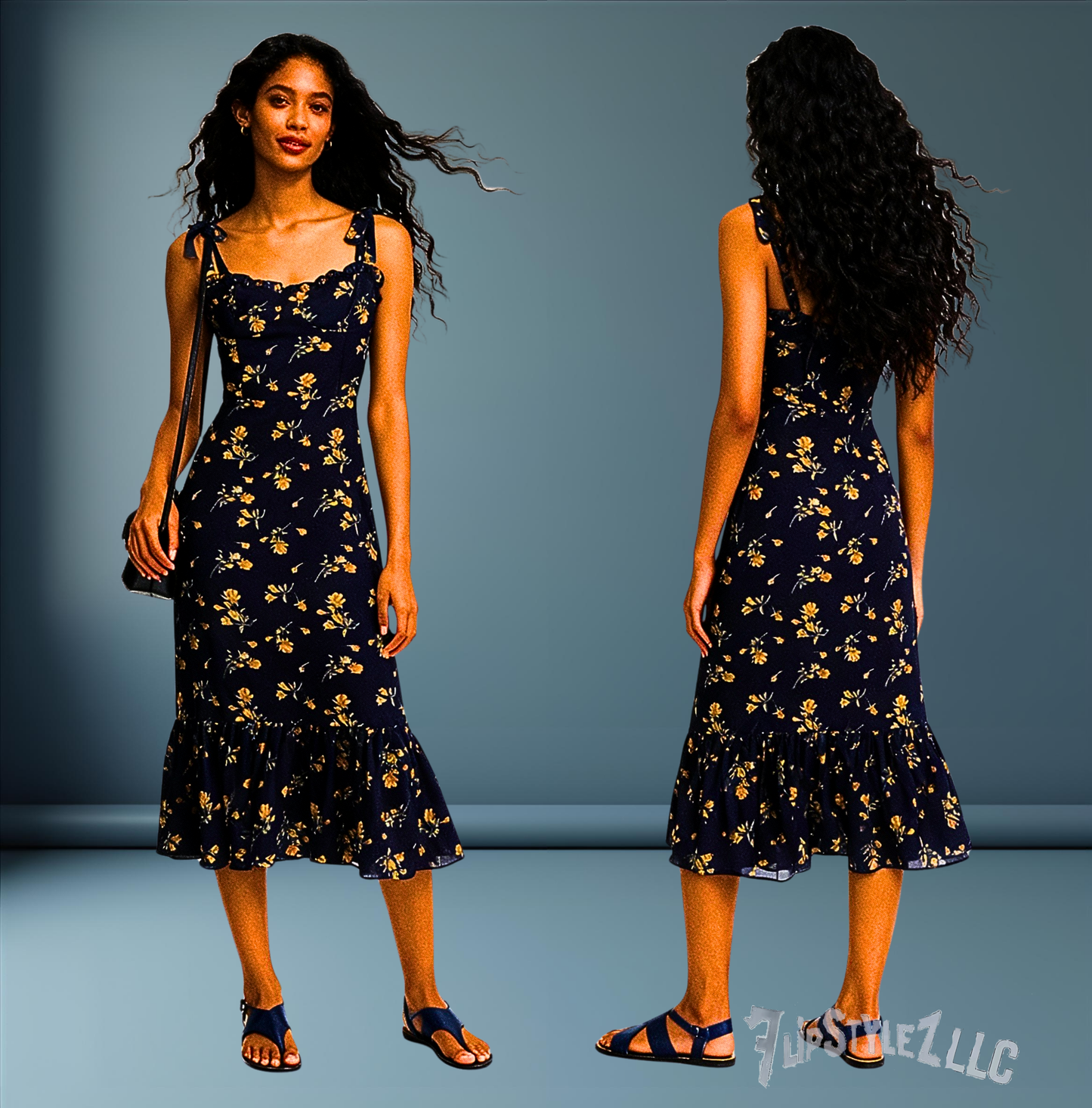 NEW  SPRING PRETTY DARK BLUE Floral PRINT SHOULDER STRAP Slim Dress FOR WOMEN