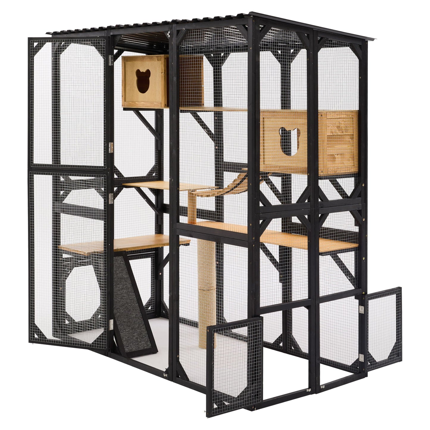 Outdoor Cat Enclosure With Sleeping Houses, Jumping Platforms, Scratching Post
