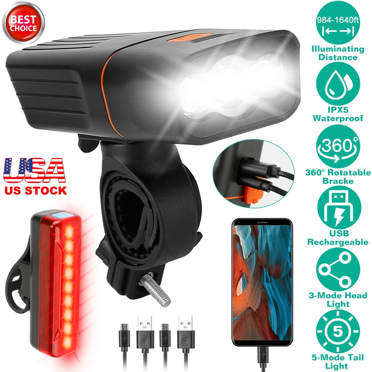 Super Bright Bike Light Set USB Rechargeable Headlight Taillight Set Waterproof LED Bicycle Front and Rear Lights for Night Riding Cycling