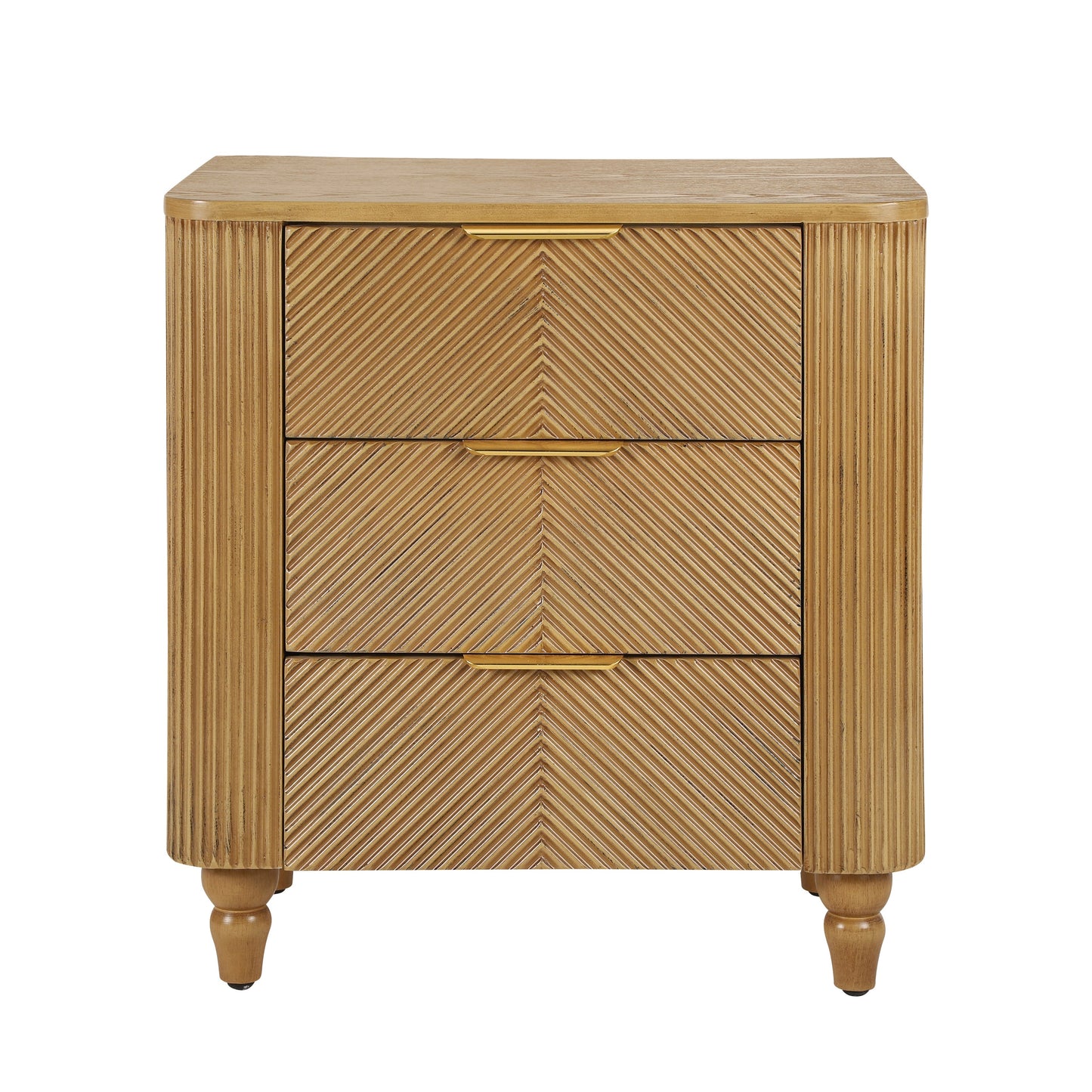 Mid-Century Fluted 3 Drawers Nightstand, Bedside Table with Curved Profile Design and Wide